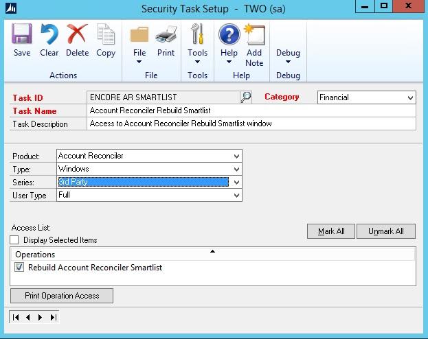 ENCORE AR SMARTLIST OBJ This Security Task will