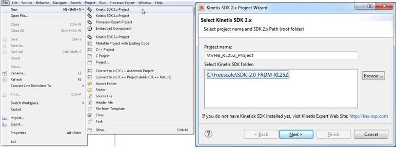 When the Select Kinetis SDK 2.x box opens, enter a project name in the text box, select path to SDK 2.x library, and then click Next.