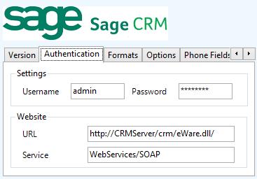 Sage CRM A valid Sage CRM username and password that has the web service option enabled is required to be configured into the Username and Password fields.