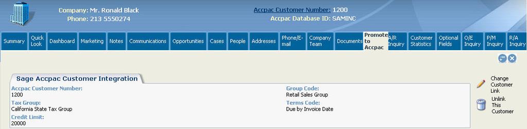 To Accpac tab shows the Sage Accpac Customer/Vendor Integration screen: The Change Customer/Vendor Link button allows you to change the Customer Number or Vendor Number.