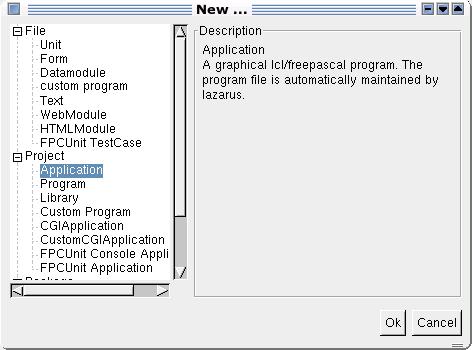 Figure 2: The New dialog To start a new GUI application, the Application item under Projects must be chosen.