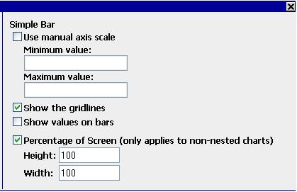 2. In the Simple Bar chart options you can change the following settings under various tabs: General Tab If you want to resize the chart to a percentage of the screen, select the Percentage of Screen