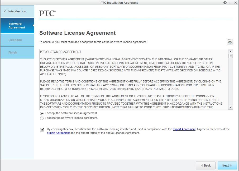 3. On the Software License Agreement screen, select I accept the software license agreement.