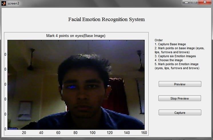 IMPLEMENTATION A. Steps in Image Acquisition Input: Image from webcam. 1) Click on the option to capture the image for both base and emotion image.