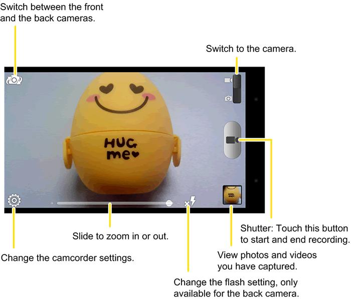3. On the viewfinder screen, make necessary adjustment. 4. Frame your subject on the screen. 5. Touch to start capturing video. A recording indicator and recording duration appears. 6.