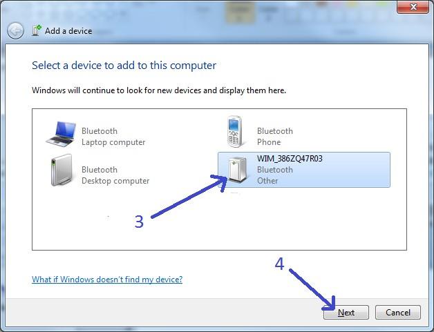 Add the Bluetooth device by clicking on the Bluetooth System Tray icon(1) then selecting Add a Device (2) The WIM should