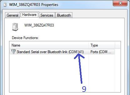 click the device (7) and view the properties(8). The com port is listed on the hardware tab as shown (9).