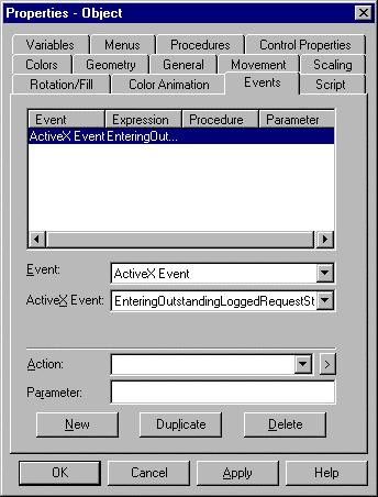 Step 3. Configure an EnteringOutstandingLoggedRequestState Event. 1. Open the Properties - Object dialog box. A. Click the right mouse button on the trend chart. B.