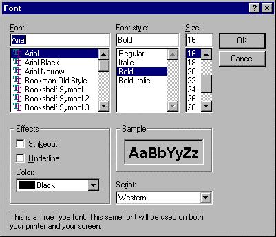 Choosing a Font Whenever you have to specify a font and its characteristics in XY, you can do so in a basic Windows 98/NT Font dialog box. To specify a font for an XY Plot text item: 1.