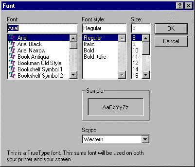 Choosing a Font Whenever you have to specify a font and its characteristics in Trending, you can do so in a basic Windows 98/NT Font dialog box. To specify a font for a Trending text item: 1.