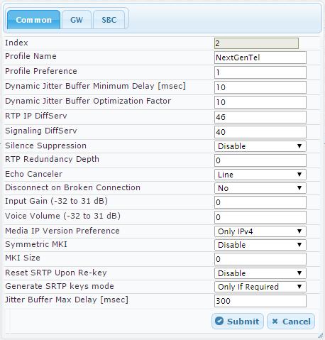 Microsoft Lync & NextGenTel SIP Trunk To configure an IP Profile for the NextGenTel SIP Trunk: 1. Click Add. 2.