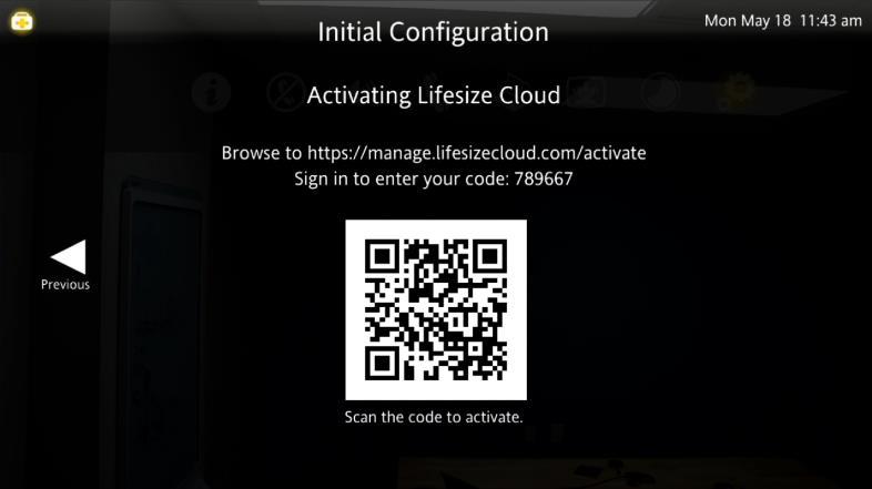 Once the user selects Yes with the IR remote, he sees the Initial Configuration page (see screen shot below) including detailed instructions for activating the system on Lifesize cloud in one of two