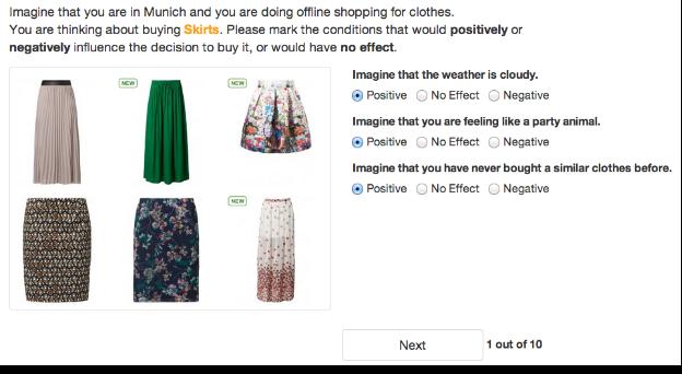7. CONTEXT-AWARENESS Figure 7.2: Web based survey tool to acquire context relevance on the intention to buy the particular type of clothing (either positive, negative or no effect ).