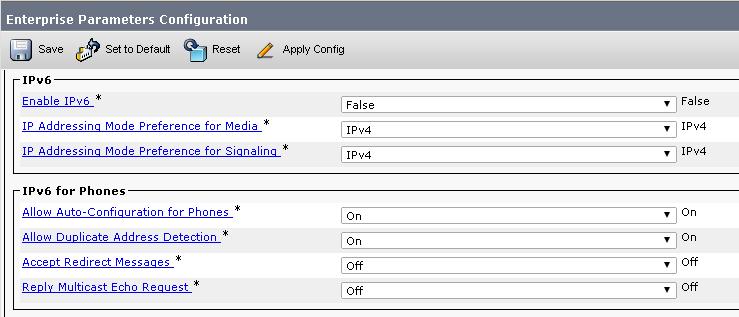 CUCM Enterprise Parameters for IP Enable IP Cluster-wide via CUCM GUI Configure Cluster-wide: IP Addressing Mode Preference for Media IP Addressing Mode Preference for Signalling IP for Phones