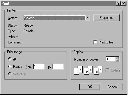 To print a document to a file: 1. When you are ready to print a file, choose Print from the File menu in your application. The Print options appear. 2.