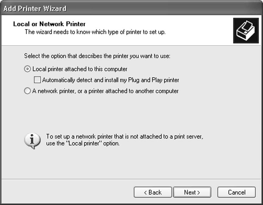 The next window of the Add Printer Wizard will ask if the printer is connected to the local computer or to a Network Printer Server.