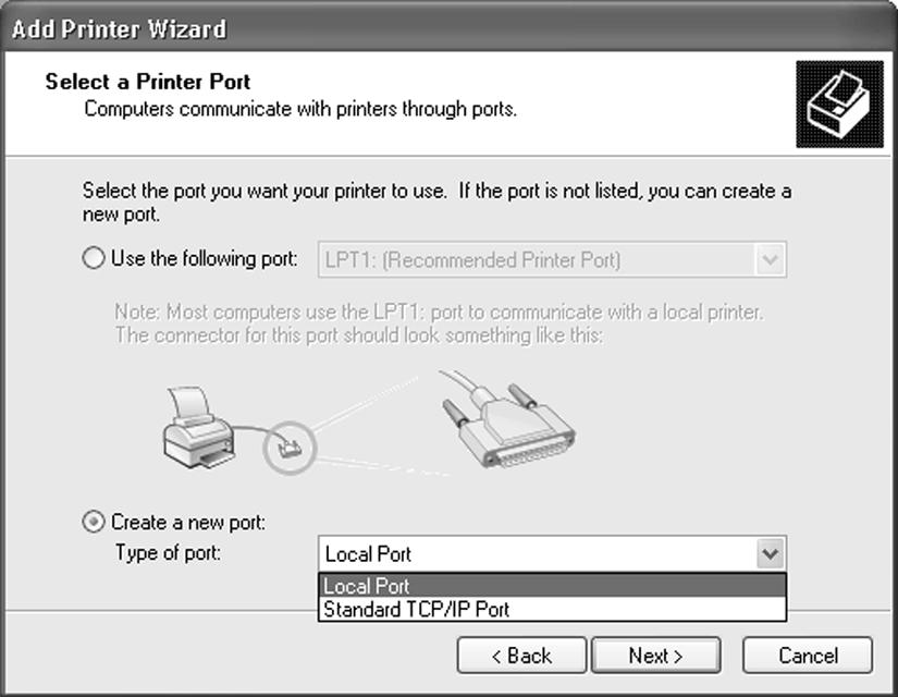 3. This window asks for a printer port to be selected.