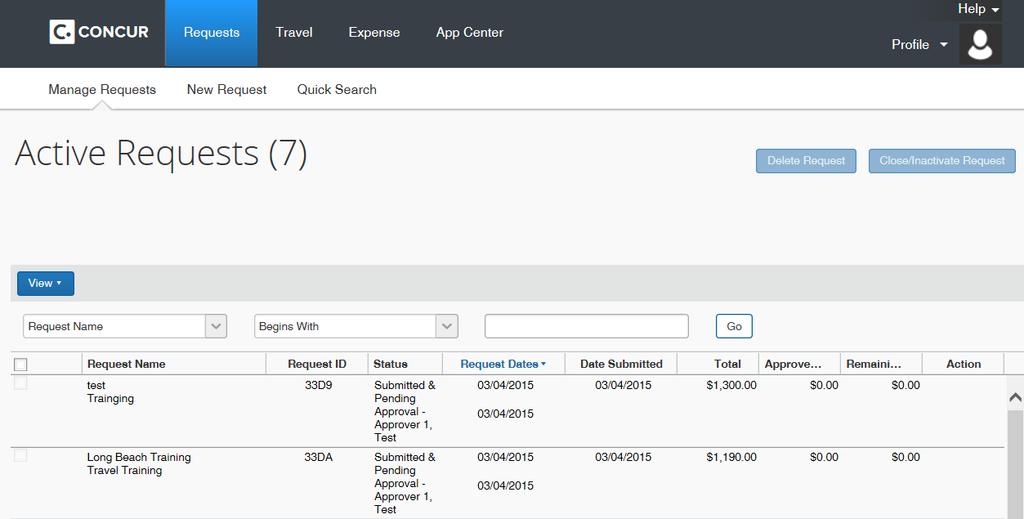 Check the Status of a Travel Request Step 1: In the Request section of Concur, click the tab Manage Requests.