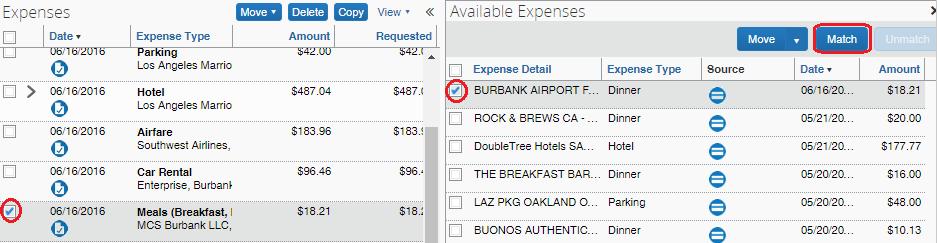 If you have already made manual expense entries (see step 12 on the next page) and wish to match your Travel PCard transactions to these entries, select Import Expenses to show a list of available