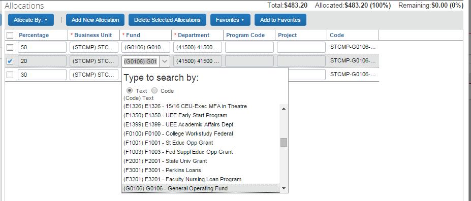 Step 9: Click on the Fund (if applicable) and make your selection from the drop down or you can type in