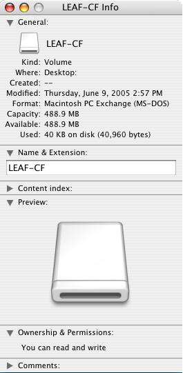 Untitled. 10. On the desktop, select the LEAF-CF volume. 11. Select File > Get Info. 12.