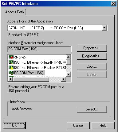 If "PC COM-Port (USS)" is available as shown in the dialog box "PG/PC interface", press the "properties" button. If not press the "Select.