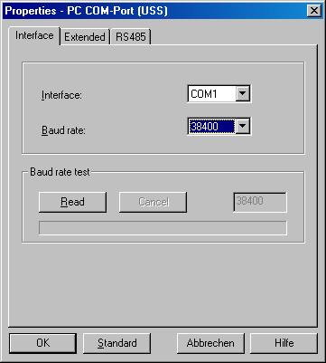 Commissioning Setting properties of the COM port Via this dialog box, you set the com interface (COM1, COM2, COM3) and the Baud rate (default 38400).