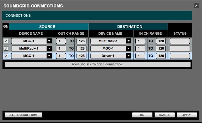 13. SoundGrid Connections Window The Connections table allows you to create audio connections (routes) between source and destination devices.