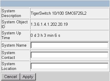 WEB INTERFACE Displaying System Information Use the System Information screen to display descriptive information about the switch, or for quick system identification as shown in the following figure