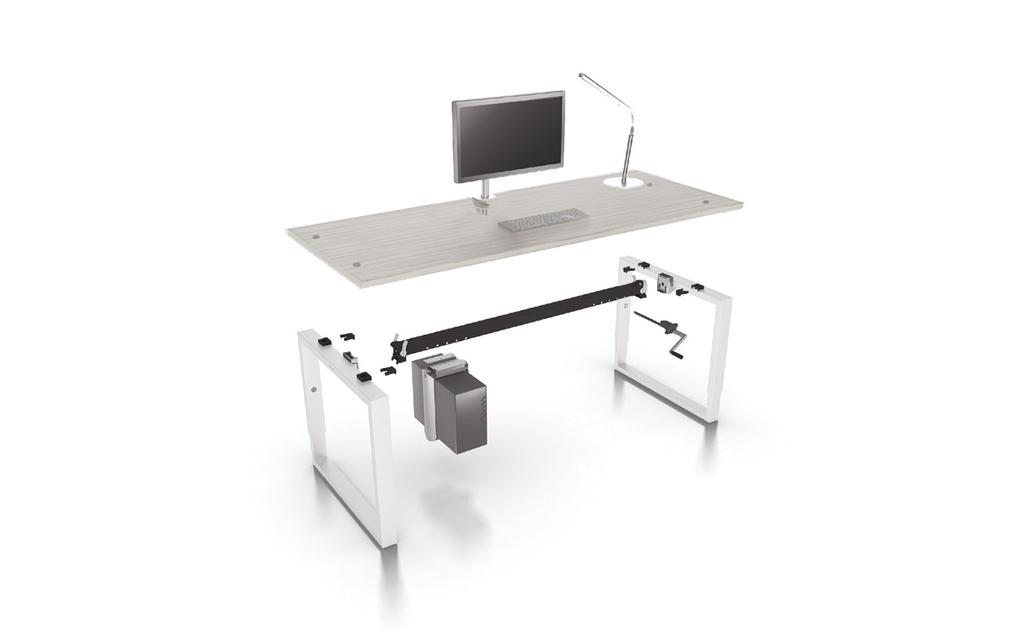 the steel beam is hooked onto The desktop is also fitted without using With a desk where the height can be The