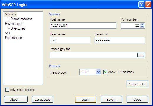 To establish a WinSCP session: 3 Launch the WinSCP client on the connecting PC.