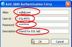 Specify an alias name (any name will do) Specify the userid for your runtime IBM i system (in the lab we used EGL4RPG) Specify the