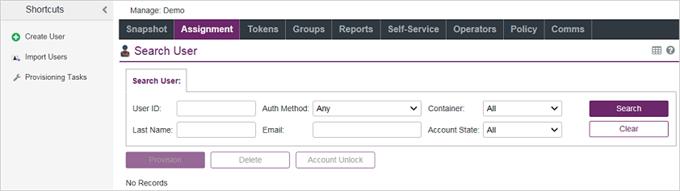 4 ASSIGNMENT The ASSIGNMENT tab enables you to manage all user: authentication methods/metrics, access restrictions, group memberships, and RADIUS attributes.