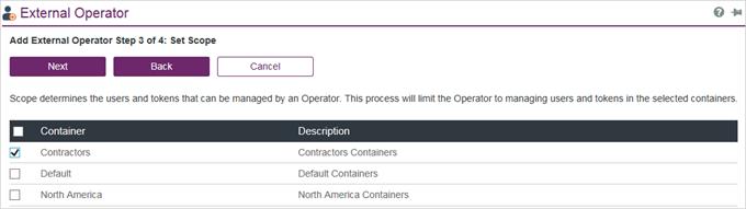 Figure 4: Configure Scope Select the containers to which this role should have access, and then