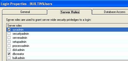 Check both sysadmin and dbcreator options to give the group administrator rights to the SQL Server Express instance and the ability to create encyclopedias within the instance. 13.