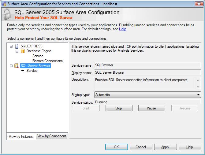 2. Activate the SQL Server browser service. - Click on Start Programs Microsoft SQL Server 2005 Configuration Tools SQL Server surface configuration.