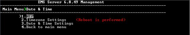 From the EMS Server Management root menu, choose Date & Time, and then press Enter; the following is displayed: Figure 10-26: EMS Server Manger -