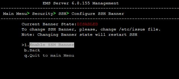 IOM Manual 10. EMS Server Manager 10.8.2.2 SSH Banner The SSH Banner displays a pre-defined text message each time the user connects to the EMS server using an SSH connection.
