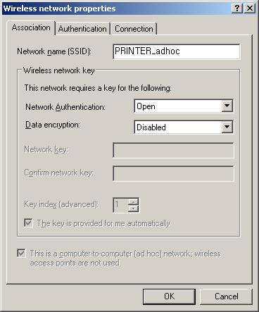 8) Click the Add button. 9) Enter PRINTER_adhoc as the Network name (SSID).
