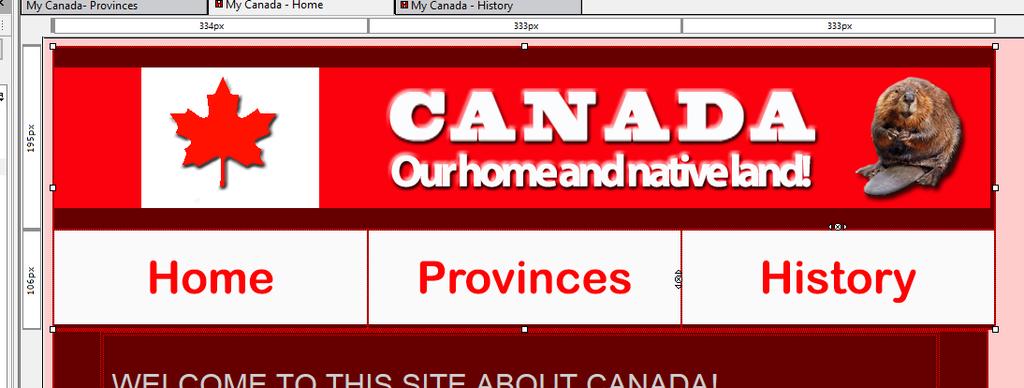 Do the same thing for the Provinces Link (click on the middle cell and insert the image prov.jpg) and the Historys link (click in the last cell and insert the image history.jpg). Put Provinces Page and History Page for the Tooltip and the Alternate Text.
