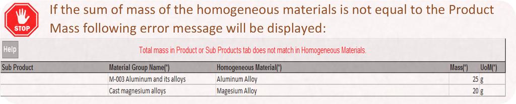 If the sum of mass of the homogeneous materials is not equal to the Product Mass following error message will be displayed: After you have entered homogeneous material details, proceed to Step 4.