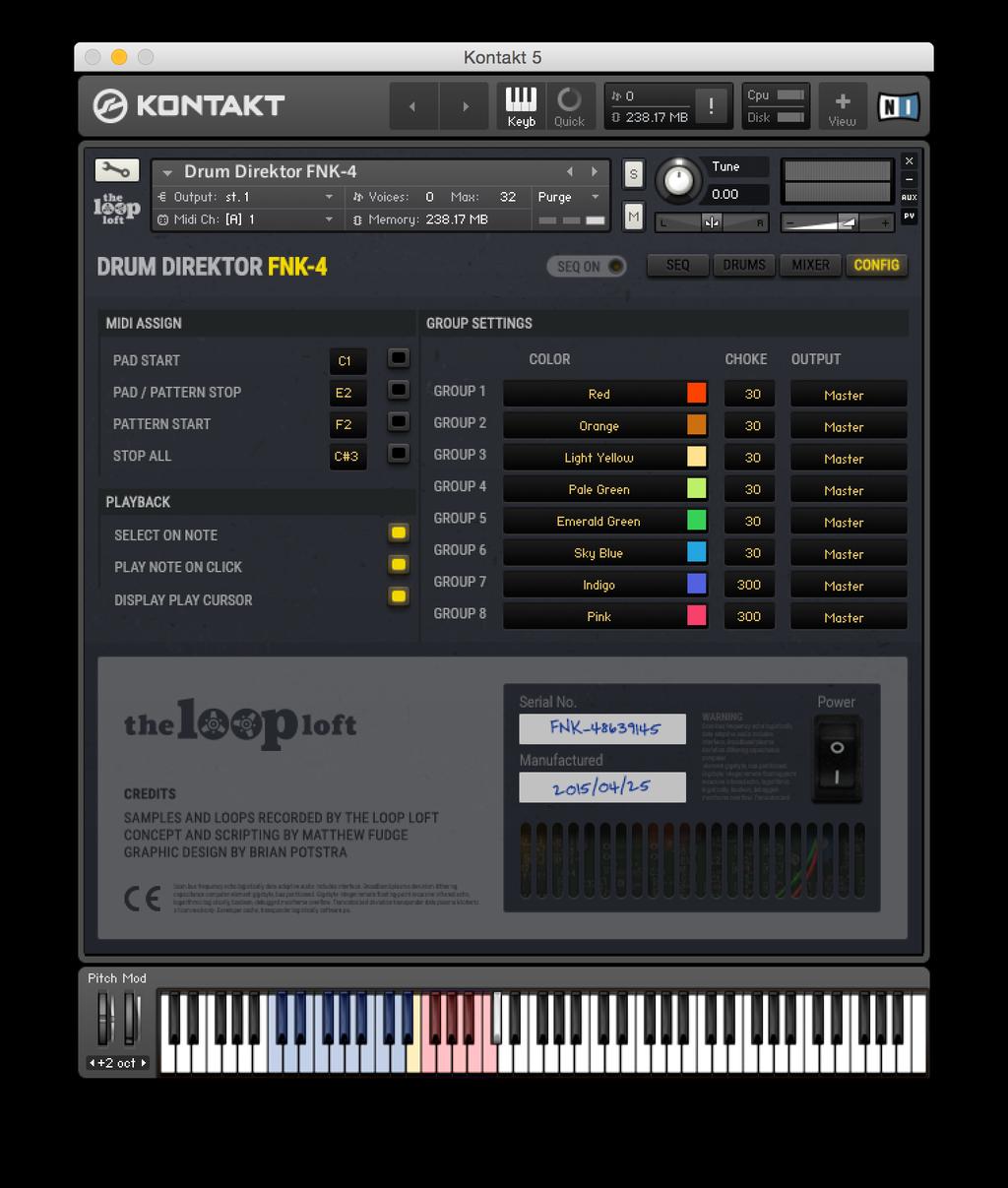 Drum Direktor : Config The config panel allows for the configuration of MIDI, Playback and Group Settings.