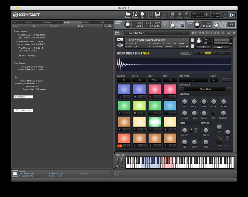 After changing a color you must restart the Kontakt engine in order for the changes to take place globally throughout Drum Direktor. There are two ways which this can be achieved. 1.