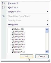 4. Click the Filter arrow for the column of data you want to filter. An option box displays (see Figure 8, below). Figure 8 - Filter Options Box 5.