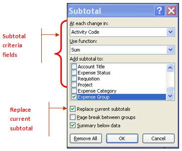 4. Select a cell in the data range. 5. From the Data tab in the Outline group, select the Subtotal command button. 6. The Subtotal dialog box appears (see Figure 2). Figure 2 - Subtotal Dialog Box 7.