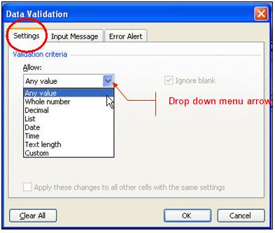 The Data Validation dialog box is used to define the type of data that Excel should allow in the cell and then, depending on the data type you choose, to set the conditions data must meet to be