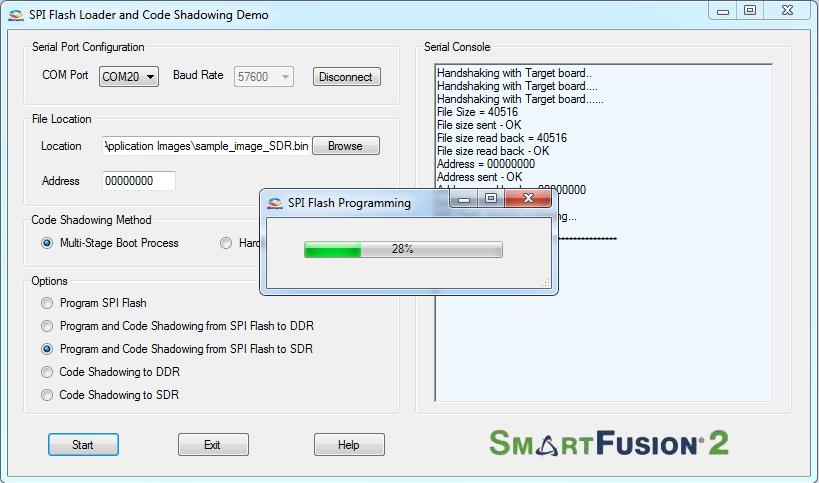 On programming the SPI flash successfully, the boot loader running on SmartFusion2 SoC FPGA copies the application image from SPI flash to SDR memory and boots the application image.