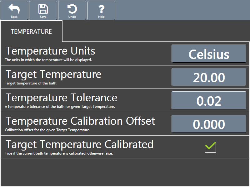 Set bath temperature (CAV 4.2 GUI) Set the temperature of the baths before calibrating the instrument. 1. From the main screen, click the target temperature button ( ) for the appropriate bath.