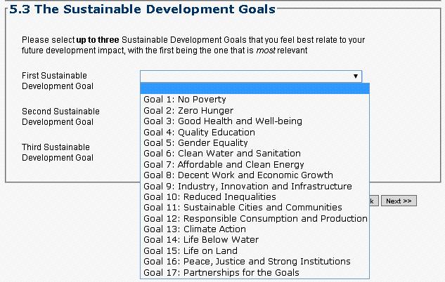 3. Select up to 3 Sustainable Development Goals from the dropdown lists 4. Click on Next to go to the next section.