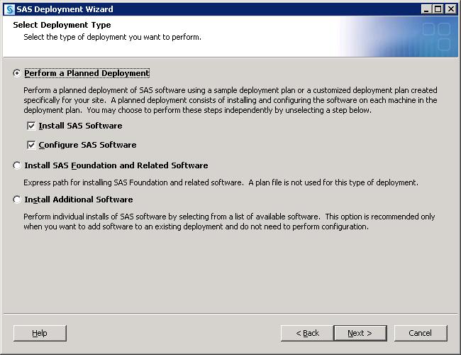 76 Install and Migrate SAS Interactively 4 Chapter 4 13 Select Perform a Planned Deployment, and make sure that Install SAS Software and Configure SAS Software are both checked.